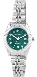 Relógio Alain Milner para Mulher com movimento de quartzo SL28. Caixa em aço inoxidável 27 mm, vidro mineral resistente. Mostrador verde com indicação de data. Pulseira de elos em aço inoxidável com fecho dobrável ajustável por elos removíveis. Fundo da caixa em aço inoxidável. Marca: Alain Milner.
