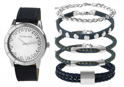 Relógio analógico Excellanc com caixa metálica de 46 mm, vidro mineral e movimento de quartzo. Pulseiras em imitação de couro (24 mm de largura). Ponteiros com Superluminova para leitura em baixa luminosidade. Inclui 5 braceletes substituíveis e estojo metálico.