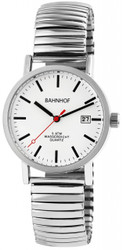 Relógio Bahnhof masculino analógico de 3 ponteiros com movimento quartz. Caixa e bracelete em aço inoxidável prateado; vidro mineral. Diâmetro da caixa aprox. 35 mm, espessura 9 mm. Largura entre asas 18 mm; comprimento da bracelete aprox. 20 cm. Mostrador branco com índices e ponteiros pretos e ponteiro dos segundos vermelho. Indicação da data às 3 horas. Resistência à água 5 ATM. Marca: Bahnhof.