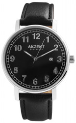 Relógio analógico de pulso Akzent com movimento de quartzo. Caixa em aço inoxidável 42 mm com vidro mineral e fecho de fivela. Bracelete em pele sintética castanha 20 mm; comprimento total aprox. 23 cm. Design clássico, adequado para uso diário. Marca: Akzent.
