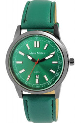 Relógio casual masculino Alain Milner com caixa de 42 mm, indicação de data, ponteiros luminiscentes, índices lineares e bracelete em pele sintética com fecho de fivela. Marca: Alain Milner.