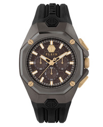 PHILIPP PLEIN Octagon Hyper Sport Chrono. Relógio com movimento de quartzo, vidro mineral, caixa em aço inoxidável de 45 mm e bracelete de silicone castanho. Mostrador analógico com função cronógrafo, resistência à água de 5 ATM e fecho com pino. Inclui estojo e documentação. Marca: PHILIPP PLEIN.