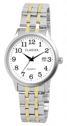 Relógio de pulso Homem Clasixx com movimento de quartzo e mostrador analógico de 3 ponteiros. Caixa 40 mm, altura 9 mm. Bracelete bicolor ajustável em aço inoxidável com elos removíveis (largura 20 mm, comprimento 22 cm). Vidro mineral resistente, fundo em aço inoxidável e fecho dobrável. Marca: Clasixx.