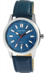 Relógio analógico masculino Alain Milner com caixa de 42 mm e mostrador azul. Pulseira em pele sintética de 22 mm com fecho de fivela. Ponteiros luminescentes, marcadores lineares e indicação de data. Design atemporal adequado para uso diário. Marca: Alain Milner.