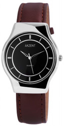 Relógio analógico Akzent para Homem com movimento de quartzo. Caixa metálica 40 mm, vidro mineral e fundo em aço inoxidável. Bracelete em pele sintética 20 mm com fecho de fivela; comprimento aprox. 24 cm. Resistência à água: 3 ATM.