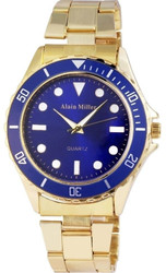 Relógio Alain Milner para Homem com movimento de quartzo. Caixa em aço inoxidável 44 mm x 11 mm com vidro mineral. Mostrador azul com ponteiros e índices Superluminova. Bracelete em aço inoxidável com fecho dobrável; largura 20 mm e comprimento total 21,5 cm. Marca: Alain Milner.