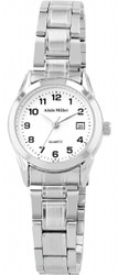 Relógio feminino analógico de 3 ponteiros da marca Alain Milner. Caixa em aço inoxidável de 27 mm de diâmetro e 9 mm de altura. Pulseira de elos em aço inoxidável com elos removíveis; largura aprox. 14 mm. Fecho dobrável em aço inoxidável. Vidro mineral resistente. Movimento de quartzo modelo SL28. Mostrador com numerais arábicos e indicação de data. Marca: Alain Milner.