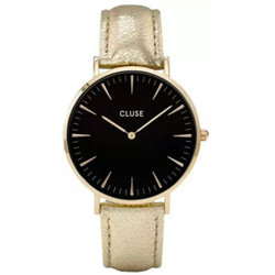 Cluse Relógio analógico feminino em aço inoxidável dourado com mostrador preto. Caixa 38 mm, espessura 7 mm, bracelete 16 mm com fecho de jóia. Movimento de quartzo, vidro mineral e resistência à água 3 ATM (30 m). Garantia de 2 anos.