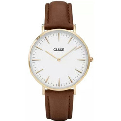 Relógio analógico feminino Cluse com movimento de quartzo. Caixa em aço inoxidável dourado de 38 mm, vidro mineral e mostrador branco. Bracelete castanha em aço inoxidável com fecho. Resistência à água 3 ATM (30 m). Garantia de 2 anos. Marca: Cluse.