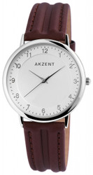 Relógio analógico Akzent para Homem com movimento de quartzo. Caixa metálica 37 mm, espessura 9 mm, vidro mineral e bracelete em pele sintética castanha com fecho de fivela de pino. Comprimento aprox. 23 cm. Tampa em aço inoxidável. Resistente à água até 3 ATM.