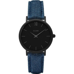 Relógio analógico feminino Cluse com mostrador preto, ponteiros cinzentos, vidro mineral e bracelete de ganga azul. Resistente à água até 3 ATM. Modelo CL30031. Marca: Cluse.