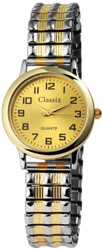Relógio de pulso feminino analógico de 3 ponteiros com movimento de quartzo. Caixa em aço inoxidável com vidro mineral. Diâmetro da caixa: 28 mm; espessura: 7 mm. Bracelete metálica flexível em aço inoxidável (largura 14 mm; comprimento aprox. 18,5 cm). Fundo da caixa em aço inoxidável. Mostrador transparente com numerais arábicos. Marca: Clasixx. Material: aço inoxidável; vidro mineral.