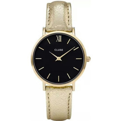 Relógio analógico Cluse modelo CL30037 em aço dourado com mostrador preto e bracelete de pele. Caixa 33 mm, espessura 7 mm, vidro mineral, movimento de quartzo e resistência à água 3 ATM (30 m). Fecho de fivela na bracelete. Garantia de 2 anos. Marca: Cluse.