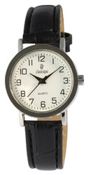 Relógio Classique feminino analógico de 3 ponteiros com caixa em aço inoxidável hipoalergénico e bracelete em couro preto com fecho de fivela. Diâmetro da caixa: 2,9 cm. Comprimento aproximado da bracelete: 20 cm; largura: 1,5 cm. Marca: Classique.