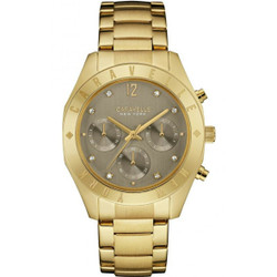 Relógio analógico Caravelle New Tork com movimento de quartzo Miyota. Caixa em aço inoxidável de 37 mm com vidro mineral. Mostrador cinzento escuro e bracelete em aço inoxidável dourado. Resistência à água 3 ATM. Inclui caixa, documentação e garantia de 2 anos. Marca: Caravelle New Tork.