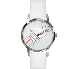 Relógio FILA para Homem com caixa em aço inoxidável (polida e fosca) e bracelete em silicone branco com fecho de fivela. Movimento quartzo a bateria. Resistência à água: 5 ATM. Diâmetro da caixa: aprox. 42 mm; espessura: aprox. 9 mm. Inclui estojo FILA.