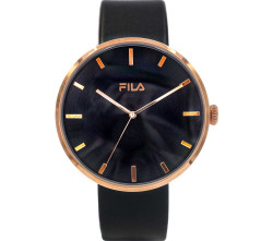 Relógio FILA Filastyle para Homem com caixa em aço inoxidável com acabamento dourado-rosa, mostrador cinzento, movimento de quartzo a pilhas, resistência à água de 5 ATM e bracelete em pele preta com fecho de fivela. Diâmetro da caixa aprox. 42 mm; espessura aprox. 10 mm. Inclui estojo. Marca: FILA.