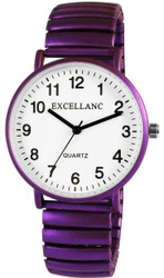 Relógio feminino Excellanc com bracelete metálica elástica na cor lilás. Caixa em metal com fundo em aço inoxidável e vidro mineral. Movimento de quartzo japonês PC21 para cronometragem precisa. Bracelete ajustável através da remoção de elos; comprimento aproximado 19 cm quando relaxada. Mostrador branco com ponteiros pretos e algarismos arábicos. Fabricado em metal de alta qualidade para durabilidade e estilo. Marca: Excellanc.