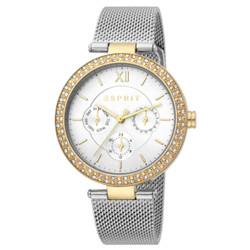 Relógio Esprit analógico com movimento de quartzo, caixa de 35 mm, vidro mineral e bracelete em aço inoxidável. Mostrador bicolor dourado e prateado. Resistência à água até 3 ATM. Inclui caixa, documentação e garantia oficial de 2 anos. Marca: Esprit.