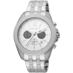 Relógio Esprit cronógrafo com movimento de quartzo, vidro mineral e caixa em aço inoxidável de 45 mm. Bracelete metálica em aço inoxidável com fecho de implantação. Mostrador analógico com horas, minutos, segundos, data e função cronógrafo. Resistente à água até 5 ATM. Inclui caixa e documentação. Marca: Esprit.