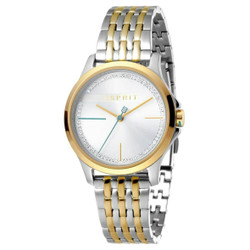 Relógio analógico Esprit em aço inoxidável com bracelete em aço inoxidável. Mostrador prateado com ponteiros dourados e azuis. Resistência à água de 5 ATM. Inclui caixa e documentação. A caixa pode diferir ligeiramente da fotografia. Marca: Esprit.