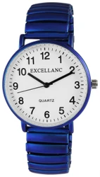 Relógio feminino Excellanc com bracelete metálica azul ajustável e mostrador branco. Movimento de quartzo japonês PC21, fundo da caixa em aço inoxidável e vidro mineral. Comprimento da bracelete: 19 cm. Marca: Excellanc.