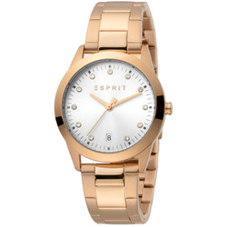 Relógio Esprit para Mulher em aço inoxidável com caixa e bracelete tom ouro rosa e mostrador prateado. Vidro mineral, movimento de quartzo e resistência à água 3 ATM. Inclui caixa. Marca: Esprit.