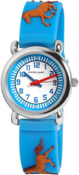 Relógio infantil analógico Excellanc com movimento de quartzo, caixa metálica com vidro mineral e bracelete em silicone. Caixa: 27 mm diâmetro, 9 mm espessura. Tampa em aço inoxidável. Comprimento aproximado da bracelete: 16,5 cm. Fecho com fivela de pino. Marca: Excellanc.