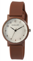Relógio analógico feminino Excellanc com bracelete em silicone macio, caixa metálica e vidro mineral facetado. Mostrador de três ponteiros com numerais arábicos e índices em bastão. Diâmetro da caixa: 33 mm. Marca: Excellanc.