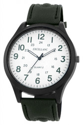 Relógio de pulso masculino Excellanc com movimento de quartzo. Caixa metálica de 48 mm com fundo em aço inoxidável. Bracelete em pele sintética castanha, 22 mm de largura. Mostrador com numerais arábicos e índices. Marca: Excellanc.