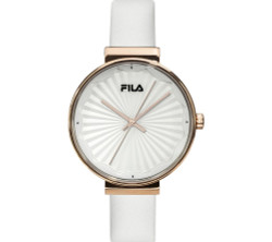 Relógio feminino FILA Style com caixa em aço inoxidável com banho de ouro rosa, mostrador prateado e bracelete em couro branco com fecho de fivela. Movimento de quartzo a bateria. Resistência à água: 5 ATM. Diâmetro da caixa aprox.: 38 mm; espessura aprox.: 8 mm. Inclui estojo.