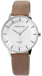 Relógio Excellanc modelo EX0164 para Mulher com caixa metálica redonda de 39 mm e vidro mineral. Movimento quartzo Japan PC21 e fundo em aço inoxidável. Bracelete em imitação de couro com fivela de pino (largura 18 mm). Peso aproximado 33 g. Disponível em ouro rosa e prata; opções de bracelete: azul, castanho, cinzento, rosa, vermelho e preto. Marca: Excellanc.