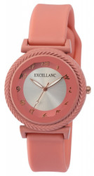 Relógio feminino Excellanc com bracelete em silicone macio, caixa metálica e vidro mineral facetado. Luneta ornamentada com filigrana. Adequado para uso diário. Marca: Excellanc.