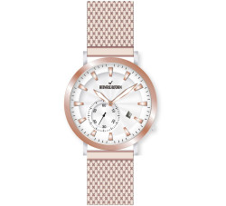 Relógio Heinrichssohn Narbonne HS1016F para homem com movimento quartzo Citizen GP11. Caixa e bracelete em aço inoxidável bicolor (prateado e ouro rosa) com banho de ouro rosa na bracelete. Mostrador branco com indicação de data e pequeno segundo. Resistência à água 3 ATM. Inclui estojo. Marca: Heinrichssohn.