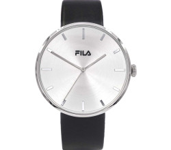 Relógio FILA Filastyle para Homem com caixa em aço inoxidável prateada, mostrador prateado e pulseira em pele preta com fecho de fivela. Movimento quartzo a pilhas. Resistência à água 5 ATM. Inclui estojo. Marca: FILA.
