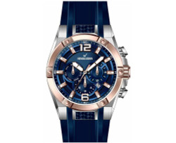 Heinrichssohn Relógio Aachen HS1011B para Homem. Caixa em aço inoxidável com acabamento prateado e ouro rosa, mostrador azul e pulseira de silicone azul com fecho de fivela de pino. Movimento quartzo Miyota/Citizen JP25 com dualtimer. Resistência à água 10 ATM. Dimensões aproximadas: diâmetro da caixa 50 mm, espessura 12 mm, comprimento total 27 cm. Inclui estojo.