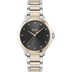 Relógio Hugo Boss com caixa de 32 mm, movimento de quartzo, resistência à água de 3 ATM e vidro mineral. Bracelete metálica bicolor dourada e prateada. Material: metal. Inclui caixa, documentação e garantia de 3 anos Hugo Boss. Modelo: 1502598.