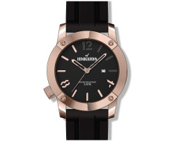 Heinrichssohn relógio de pulso para Homem com caixa em aço inoxidável e banho de ouro rosa. Mostrador preto com indicação de dia da semana e data. Bracelete em silicone preta com fecho de fivela de pino. Coroa posicionada à esquerda. Movimento de quartzo Miyota/Citizen 2115. Resistência à água: 5 ATM. Diâmetro aprox.: 46 mm; espessura aprox.: 10 mm. Inclui estojo.