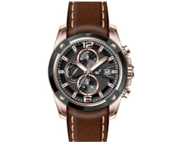 Relógio Heinrichssohn Halifax HS1012C com movimento de quartzo Miyota/Citizen JP15. Caixa em aço inoxidável com acabamento em ouro-rosa. Mostrador preto e pulseira em pele castanha com fecho de fivela. Funções: segundo fuso horário, indicação do dia da semana e data. Resistência à água até 10 ATM. Inclui estojo. Marca: Heinrichssohn.