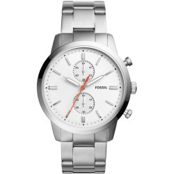 Relógio de pulso Fossil em aço inoxidável com caixa de 43 mm, mostrador branco, movimento de quartzo, vidro mineral e bracelete em aço com fecho de aço. Resistente à água até 50 metros. Fabricante: Fossil.