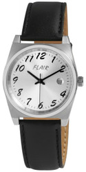 Relógio Flair para Homem com movimento de quartzo de 3 ponteiros, indicação de data às 3 e vidro mineral. Caixa em aço inoxidável com fundo em aço inoxidável e bracelete em pele genuína com fecho de fivela. Resistência à água: 5 bar. Comprimento total: 25,5 cm. Modelo 0236.