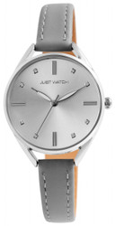 Relógio feminino Just analógico de três ponteiros com movimento de quartzo. Caixa metálica 33 mm com vidro mineral e fundo em aço inoxidável. Bracelete em couro genuíno com fecho de fivela (largura 13 mm). Design clássico com índices em linhas e pontos.