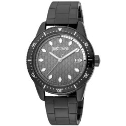 Relógio de pulso Just Cavalli para Homem com movimento quartz e mostrador analógico cinzento. Caixa e bracelete em aço inoxidável preto com fecho de báscula. Vidro mineral e resistência à água de 10 ATM. Largura da ligação: 21 mm; perímetro máximo: 235 mm. Inclui caixa de relógio. Marca: Just Cavalli.