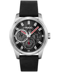 Relógio casual minimalista com mostrador e bracelete pretos. Hugo Boss. Design simples e versátil, indicado para uso diário. Modelo 1530189.