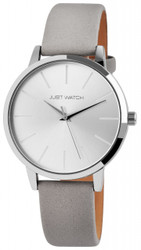 Relógio Just de senhora com movimento de quartzo e mostrador analógico prateado. Caixa 39 mm, espessura 8 mm. Bracelete em couro cinzento com 18 mm de largura e fecho de fivela. Modelo JW10093. Marca: Just.