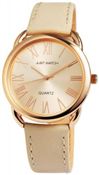Relógio analógico feminino Just com bracelete em couro genuíno bege, caixa metálica de 36 mm, vidro mineral e fundo em aço inoxidável. Resistente a salpicos. Inclui caixa original. Marca: Just.