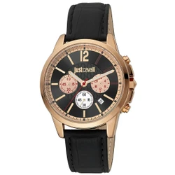 Relógio Just Cavalli para Homem com movimento quartz. Caixa em aço inoxidável rosé de 42 mm, vidro mineral e mostrador multicolor. Bracelete em pele preta com fecho de fivela. Resistente à água até 3 ATM. Inclui estojo. Largura de encaixe da bracelete: 20 mm. Circunferência máxima da bracelete: 215 mm. Marca: Just Cavalli.