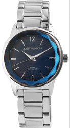 Relógio Just feminino analógico de 3 ponteiros com movimento de quartzo Miyota. Caixa metálica de 35 mm com vidro mineral. Bracelete azul em aço inoxidável de 18 mm com fecho de clipe; comprimento ajustável até 19,5 cm removendo elos. Fundo em aço inoxidável. Resistência à água: 3 bar. Marca: Just.