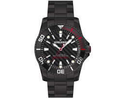 Relógio Heinrichssohn modelo Köln HS1015B em aço inoxidável com revestimento preto. Caixa aprox. 44 mm, espessura aprox. 12 mm e comprimento da pulseira aprox. 24,5 cm. Movimento quartzo Miyota/Citizen 2035 (bateria). Bisel giratório, fecho dobrável, proteção da coroa, iluminação LED e resistência à água 5 ATM. Inclui estojo.