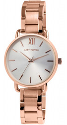 Relógio feminino Felira da Just com caixa redonda de 34 mm em aço inoxidável, vidro mineral e movimento analógico Miyota 2035. Resistência à água: 3 ATM. Bracelete de elos em aço inoxidável com fecho dobrável; largura 16 mm; comprimento total 20,5 cm. Revestimento IP. Peso aprox. 69 g. Cor: ouro rosa e prata. Marca: Just.